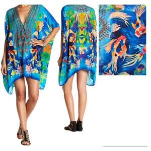 NEW Shahida Parides Silk Embellished Kaftan Short Dress Koi Fish Blue One Size